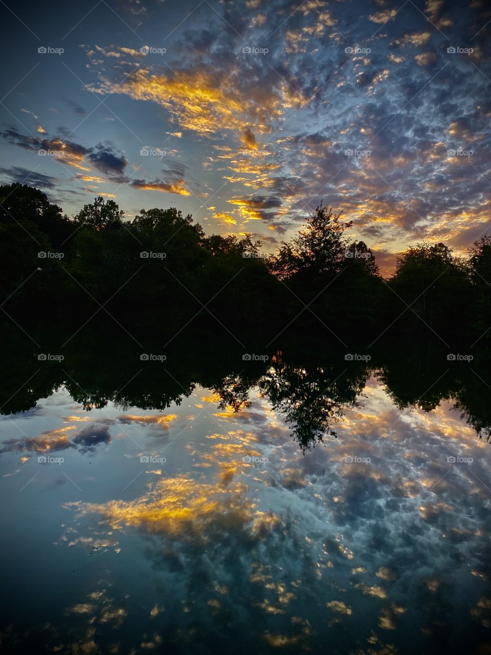 A stunning sunset shot with smooth glass like waters to reflect a perfect mirror image of a tree line silhouette with a matching sunset sky on the surface of the water. Accompanied with vibrant soothing warm and cool tones via some cloudscape.