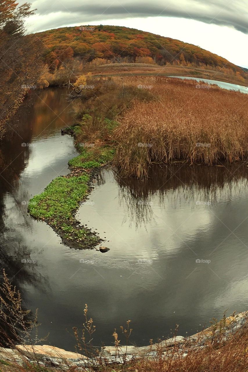 Autumn foliage along the Blackstone River in Uxbridge, MA. New England is known for its lush, vibrant colored foliage during the Fall season. Gray skies reflected in the water. Shot on iphone with Fish eye lens.