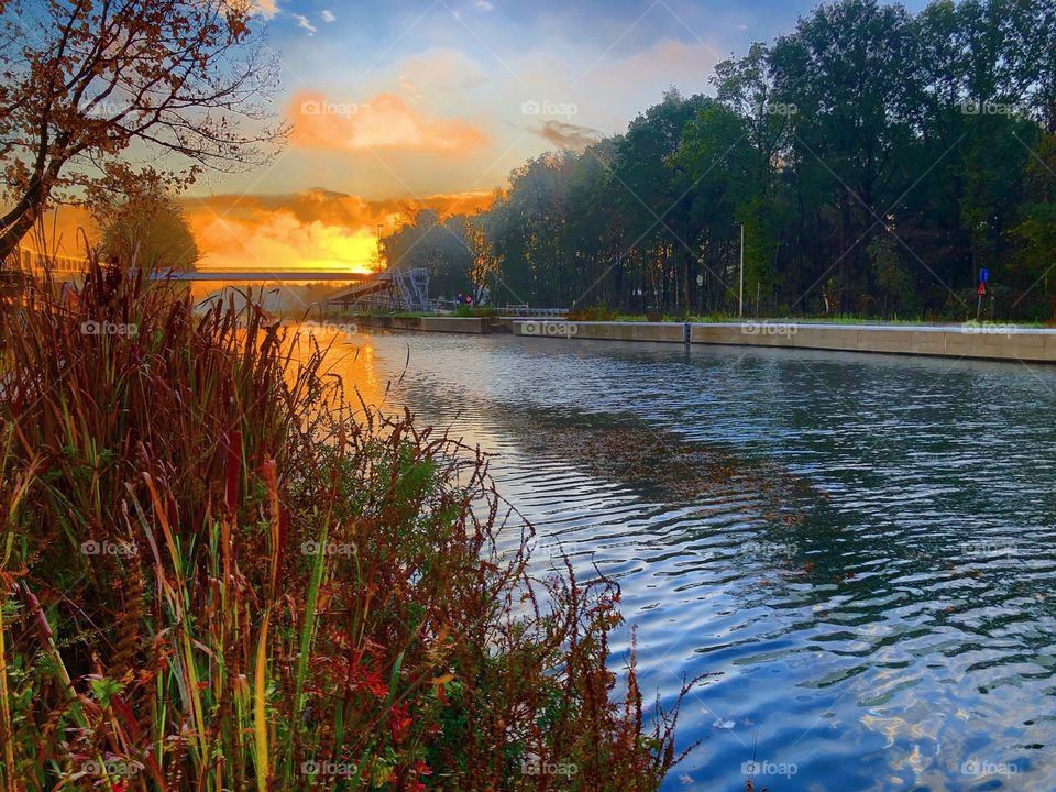 Idyllic and Golden sunrise over the water of a river running between the forests, seen from the riverside.