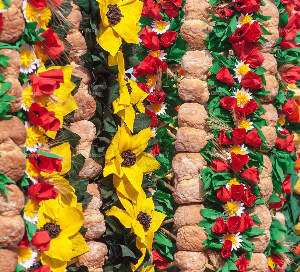 A cluster of “trays” held aloft at the Festa Dos Tabuleiros, in Tomar, Portugal 