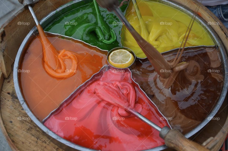 High angle view of multi coloured candies