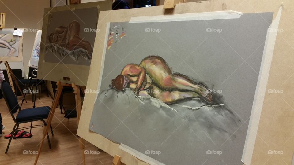life drawings on easels. art class