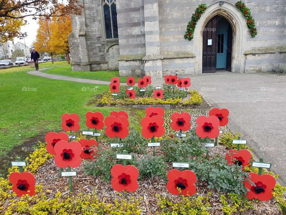 St John's church with remembrance poppies