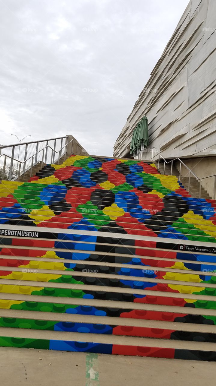 Perot Moseum stairs painted like Legos