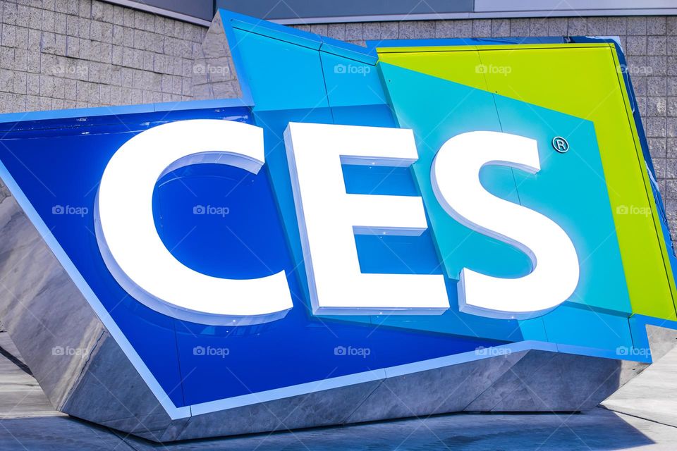 Las Vegas, NV 1-6-2023: Large logo of CES outside the entrance of LV Convention Center. Held annually, CES is the largest consumer electronics convention in the world. Vibrant cool colors on the sign.