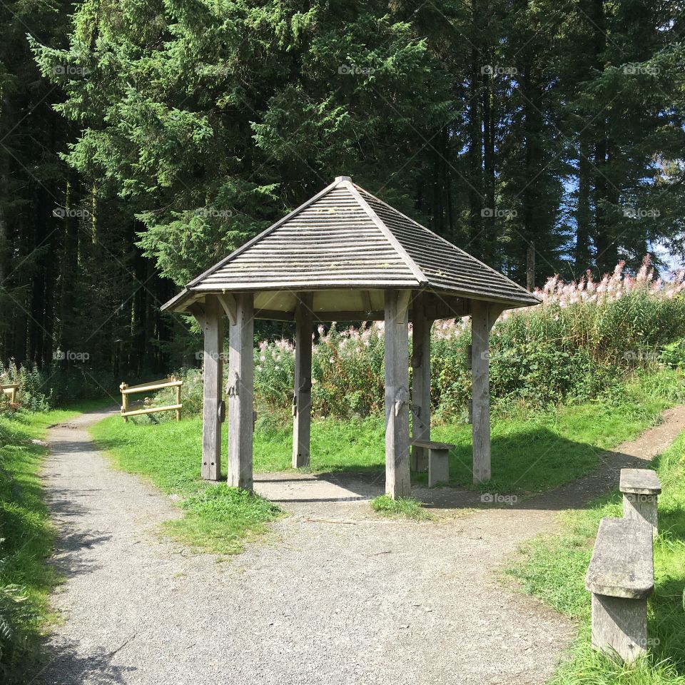 Whistland pound reservoir, Exmoor, North Devon. England. Low perspective on a summer day. Gazebo in the centre 