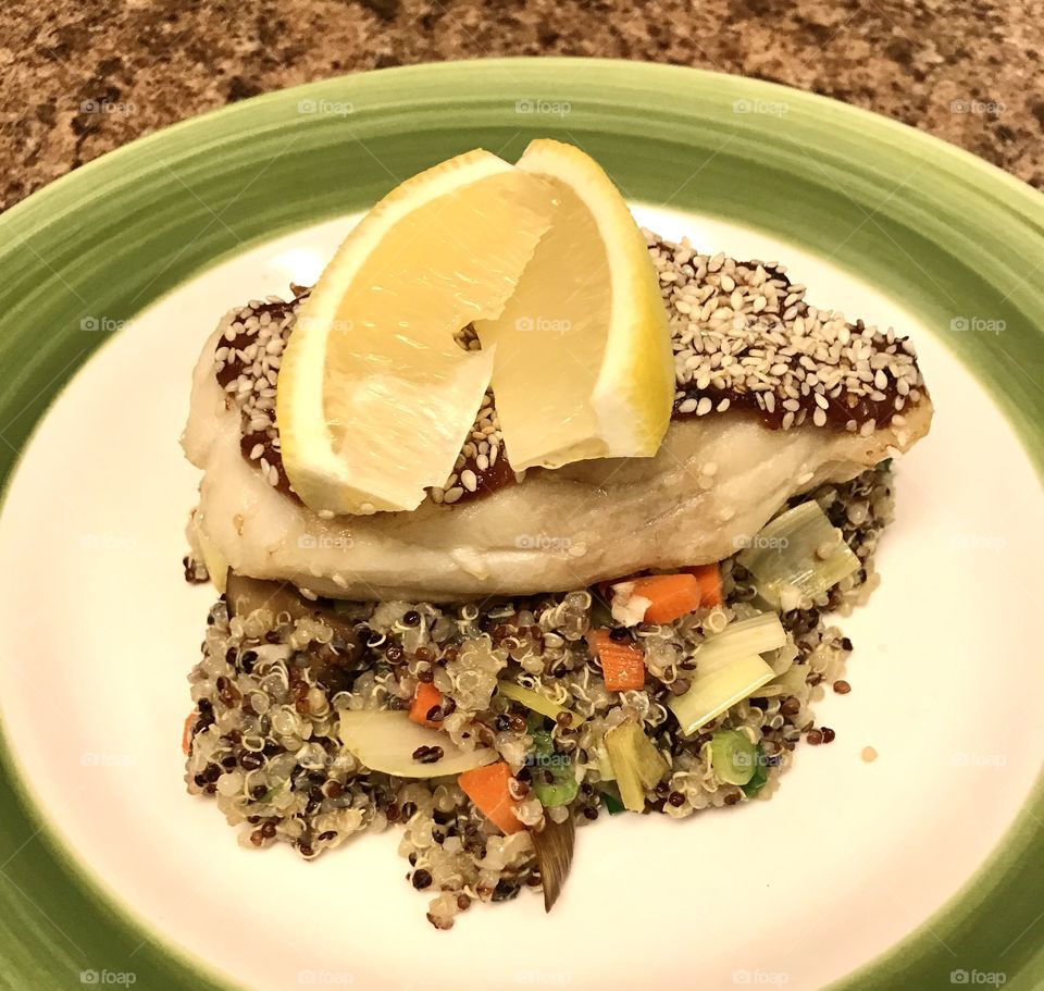 Sesame crusted sea bass on quinoa 