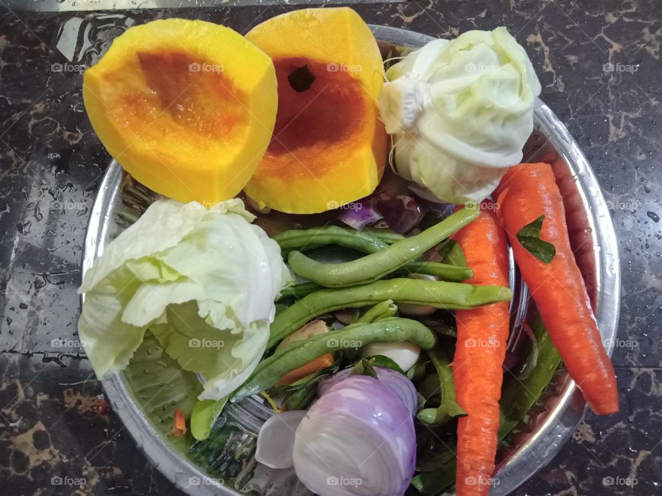 beans, cabbage, carrots, pumpkin, spring onions