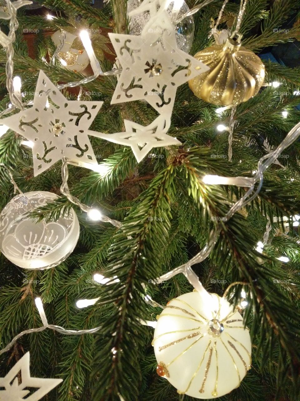 Christmas tree decorations closeup image