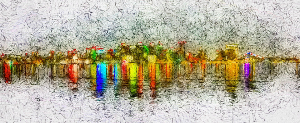 Foap Mission Cities and Skylines! Colorful San Diego Nighttime Skyline Reflection On The Water; Original Photography Converted To Art Illustration!