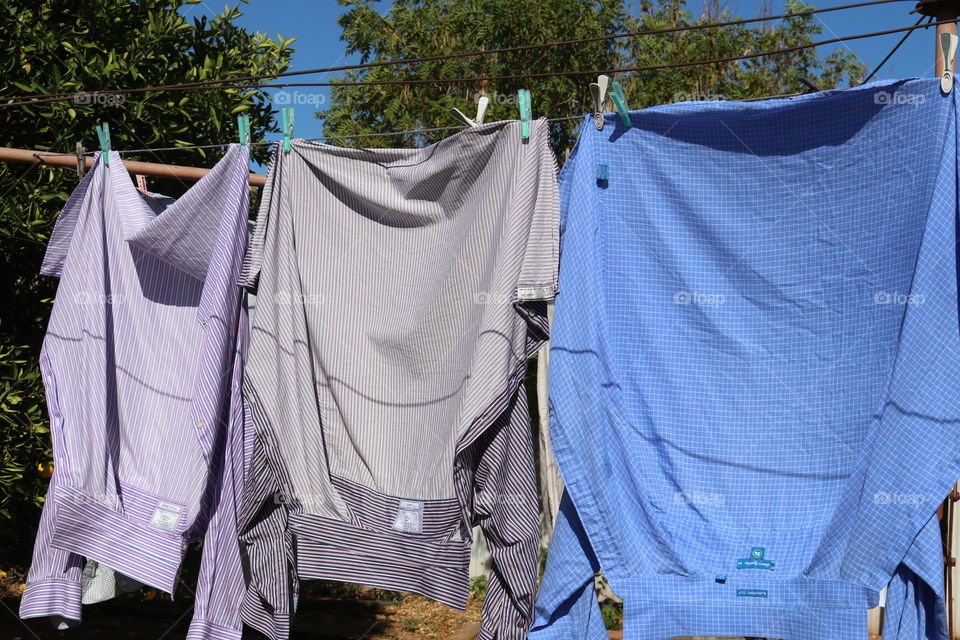 Laundry: men’s shirts hanging on outdoor backyard clothesline on sunny day 