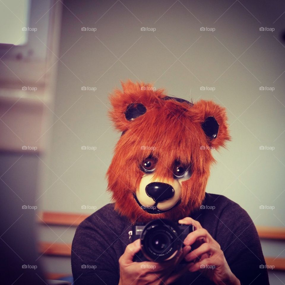 Selfie With Bear Mask, Self Portrait, Fujifilm Camera Gear, Fujifilm Mirrorless Camera, Photography Equipment, Fun Furry Masks, Smiling Bears