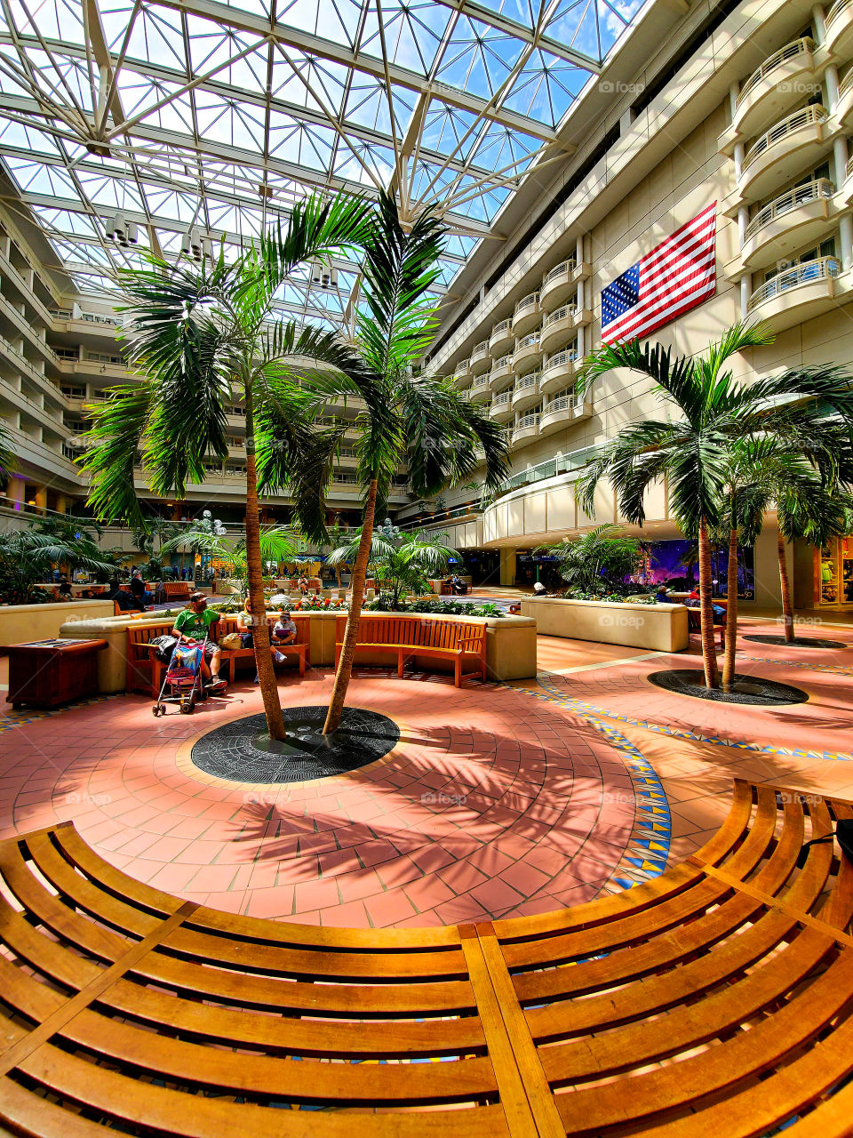 A large greenhouse style atrium encompasses a major hotel as well as the Orlando Florida Airport