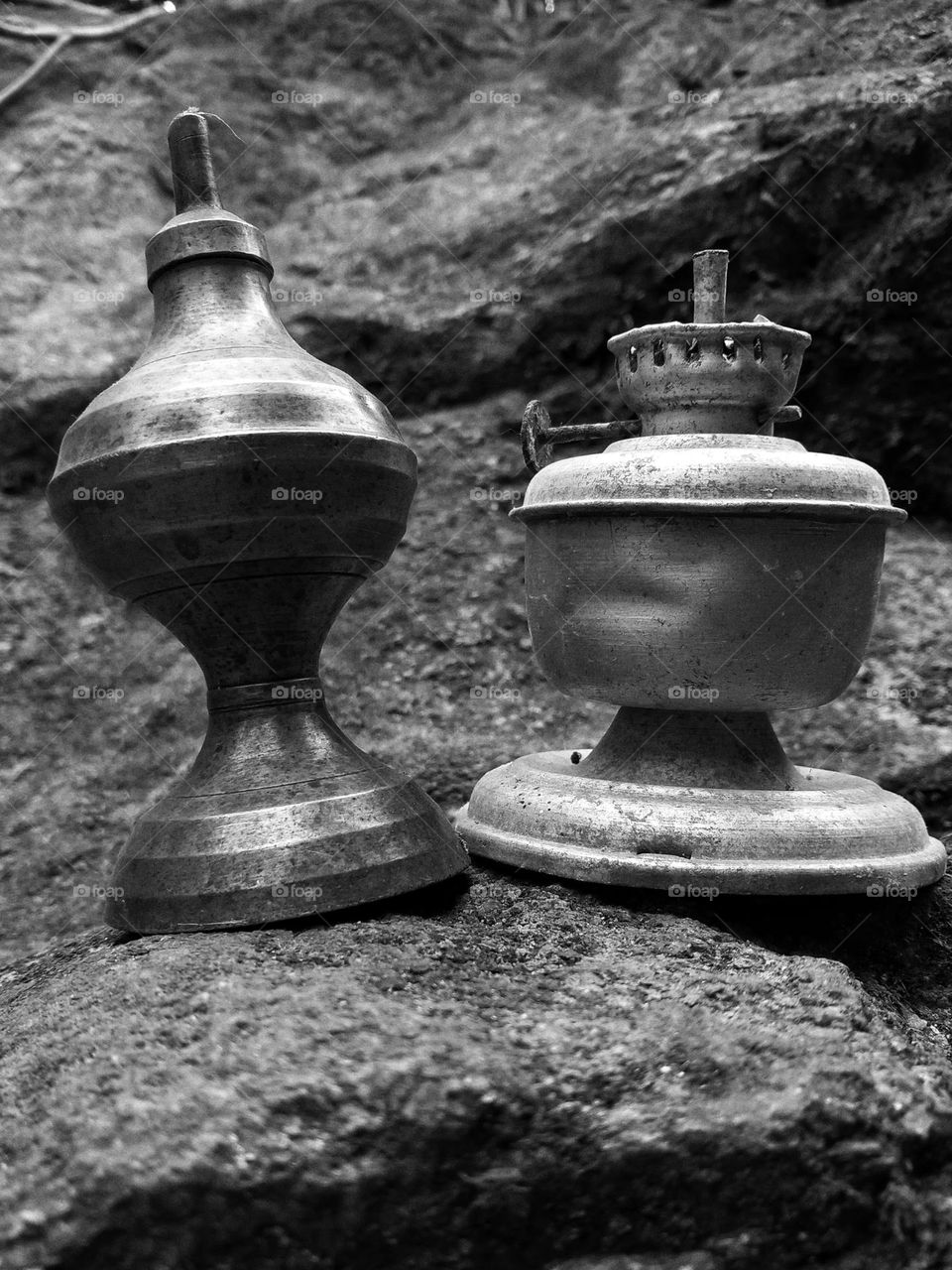 Retro vintage old oil lamp details close up in black and white photography