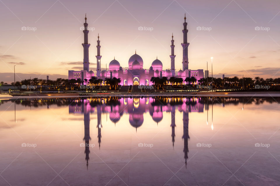 Urban. Sheikh Zayed Grand Mosque in Abu Dhabi during the enchanting sunset. 