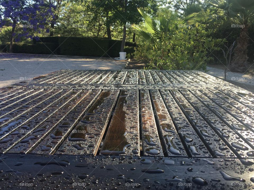 Sunny wooden table after rain 