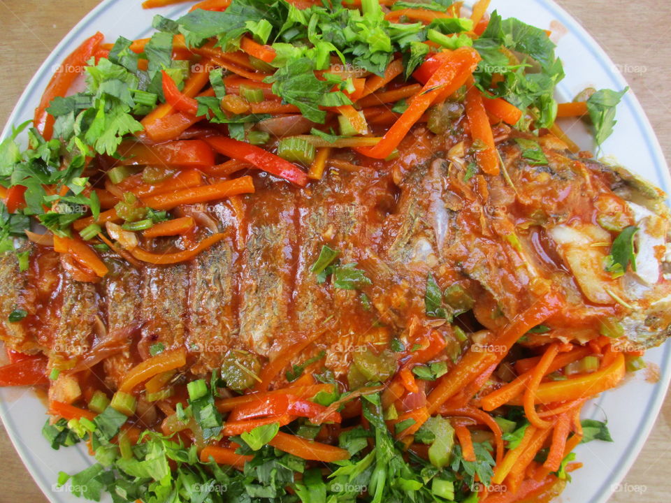 High angle view of sweet and sour fish