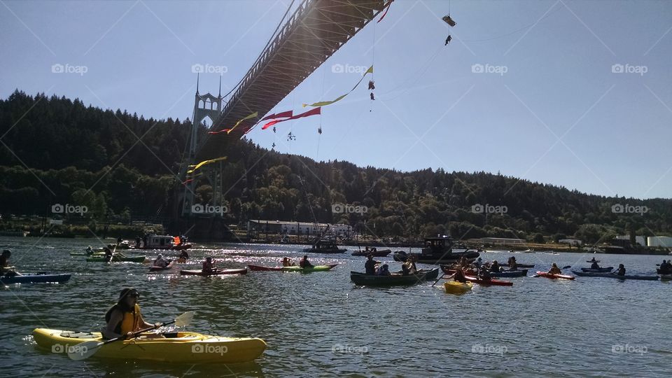 Shell Protest. Protest of shell ice breaker ship on Willamette river, Portland, Oregon.