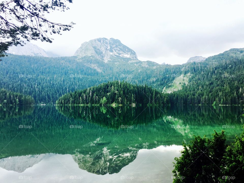 Black lake reflection of national park of montenegro