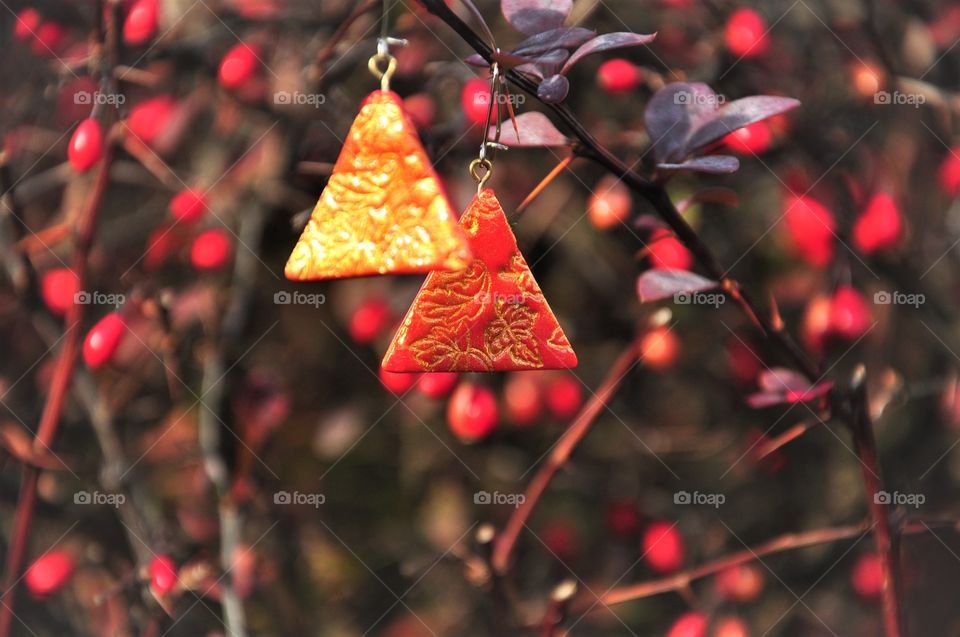 red triangle with golden leaves hand made earrings