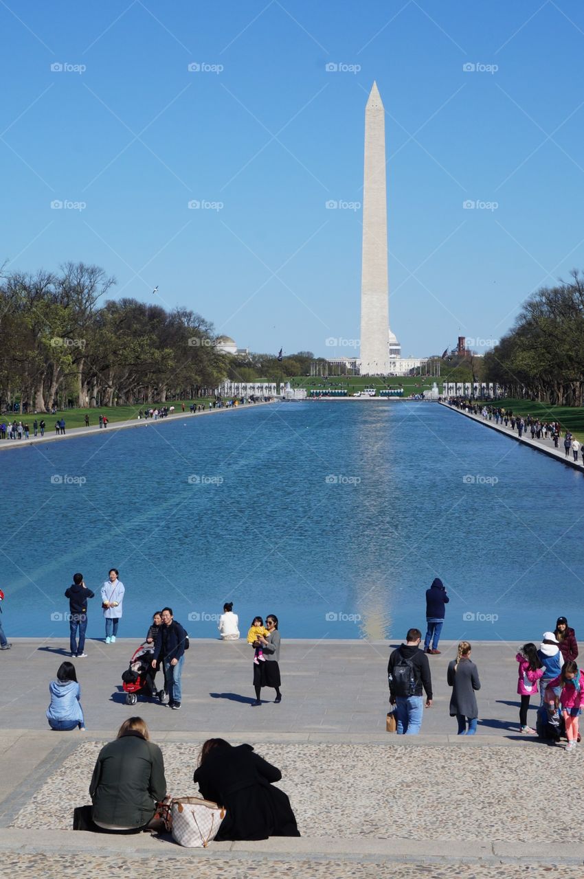 View of Washington monument and reflecting pool from the Lincoln memorial vantage point.