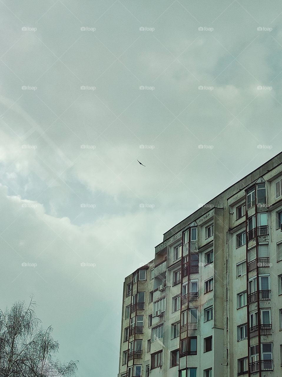 A photo of a bulgarian apartment building in a cloudy day with a bird flying over it
