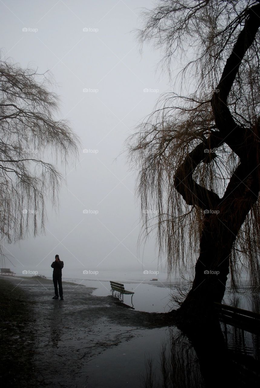 Photographer in the Mist, Man Fog Trees Park Winter Lake Ice Silhouettes