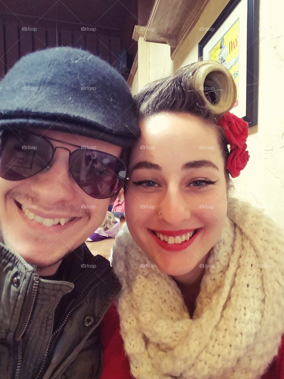 Cute Rockabilly Retro Couple Smiling with Vintage Hair and Hat