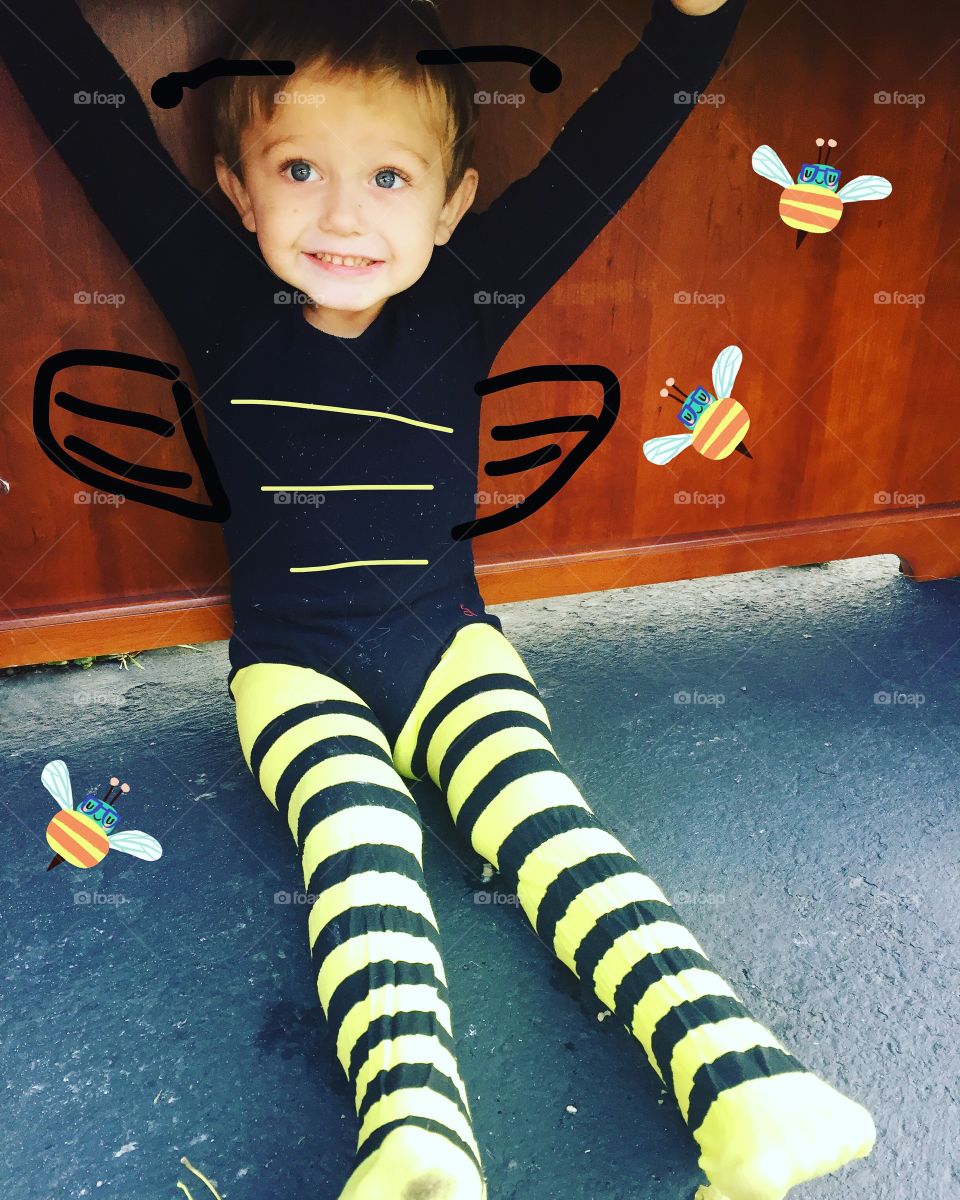 Boy wearing honey bee costume