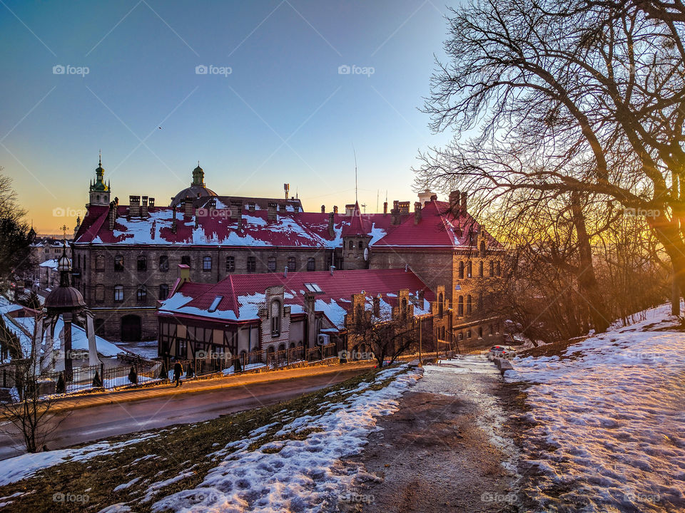Lviv cityscape during the sunset in the winter season