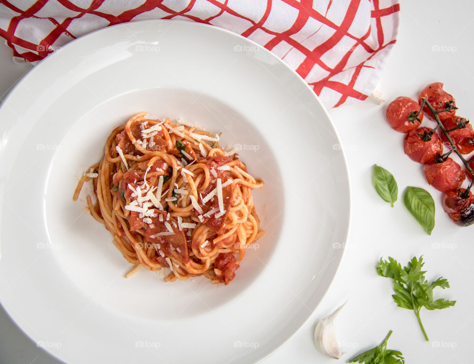 Directly above shot of pasta in plate