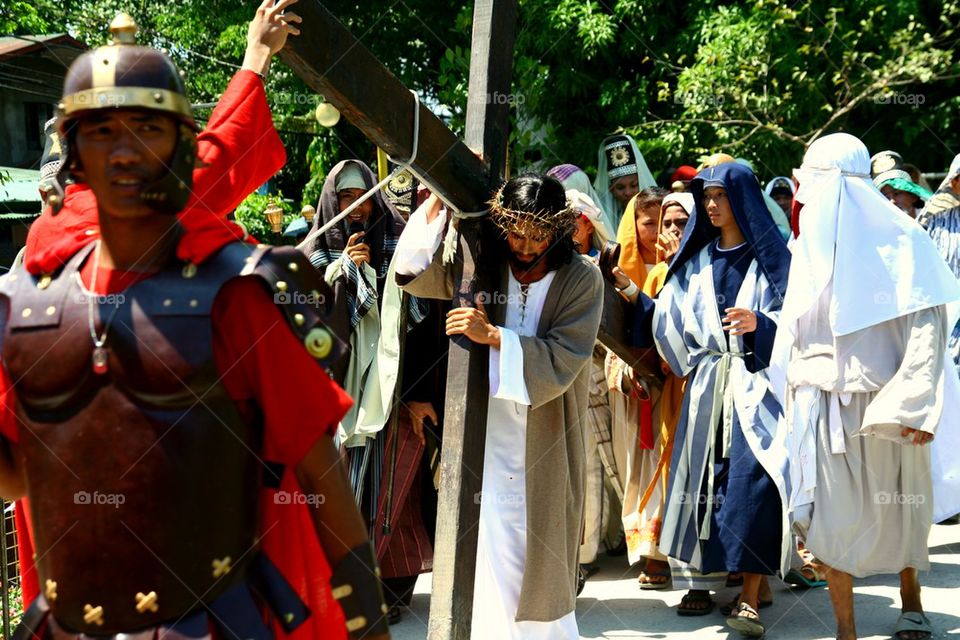 catholic devotees reenact the death of jesus christ on good friday during holy week in cainta, rizal, philippines, asia