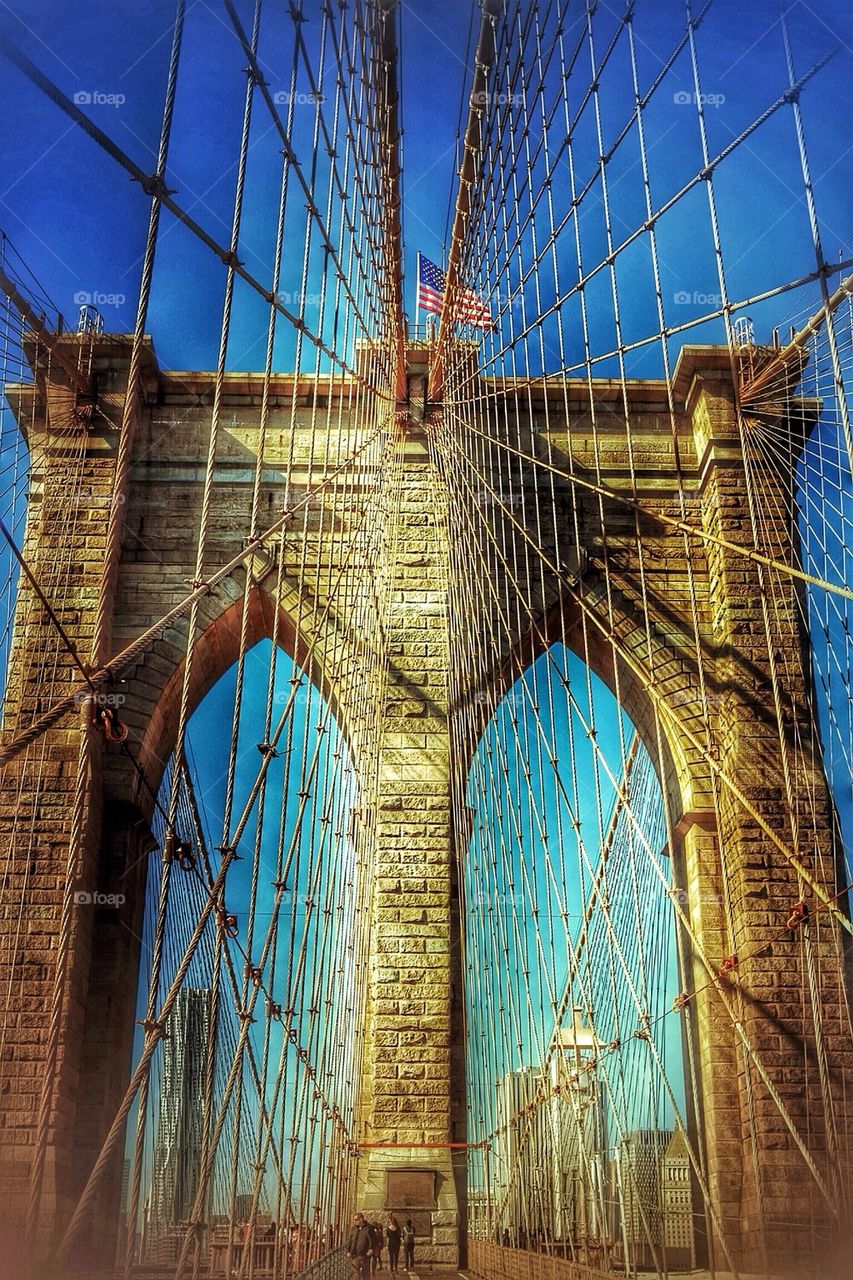 Close-up of Brooklyn bridge at New York