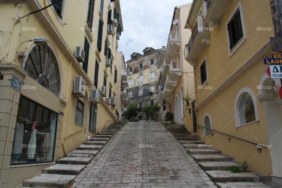 Upward street view, Corfu Town, Greece