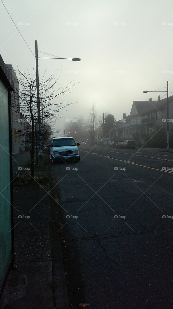 Welcome Back, March . A foggy, overcast morning commute after unseasonably warm and sunny days in Portland.