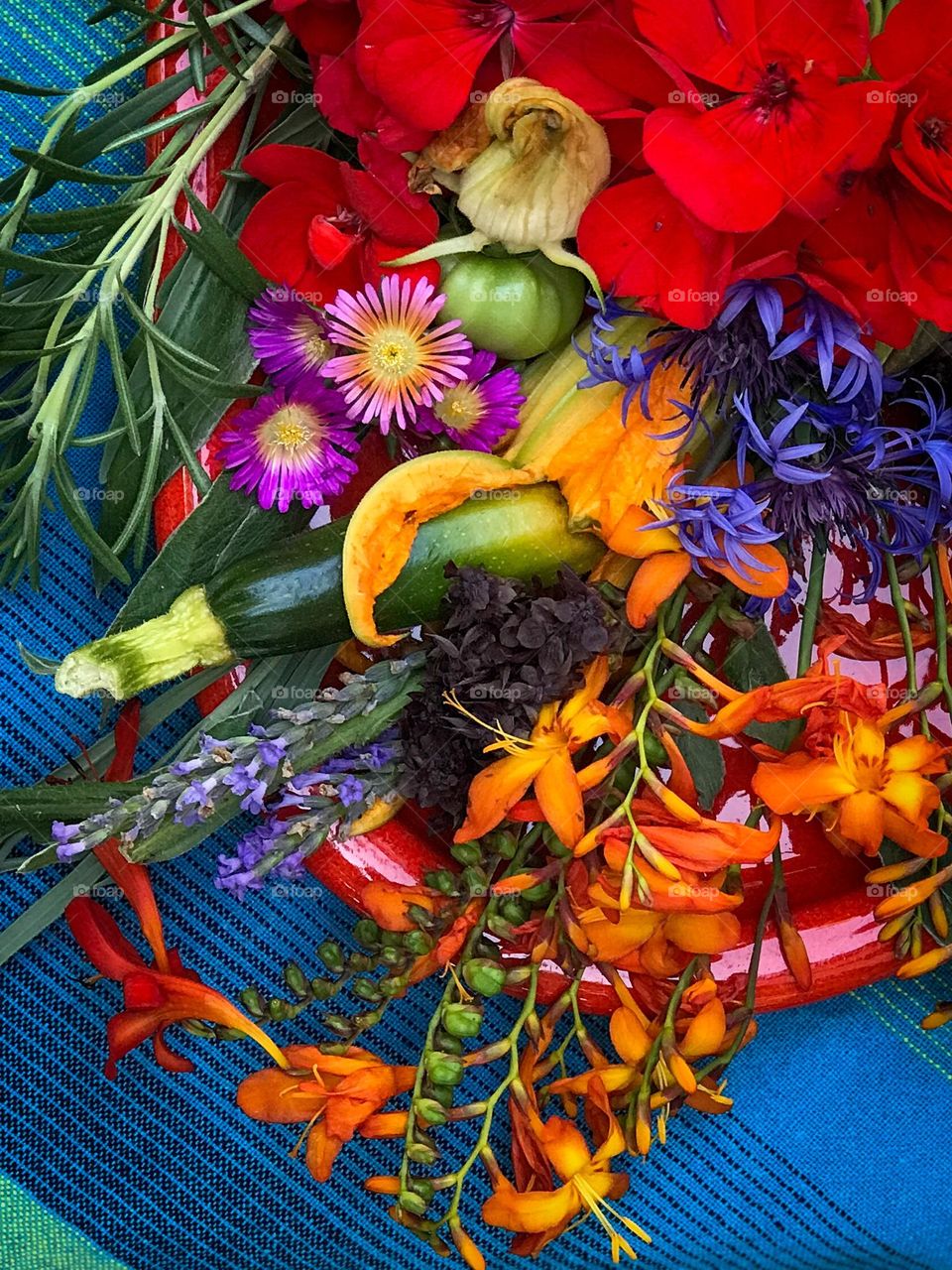 Brilliant multi coloured cornucopia of garden treasures! Vegetables, flowers, herbs on a shiny red ceramic plate resting on a bright turquoise blue cloth. 