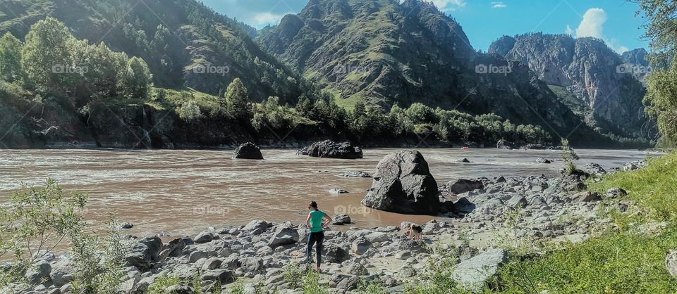 Sunny summer morning by the mountain river