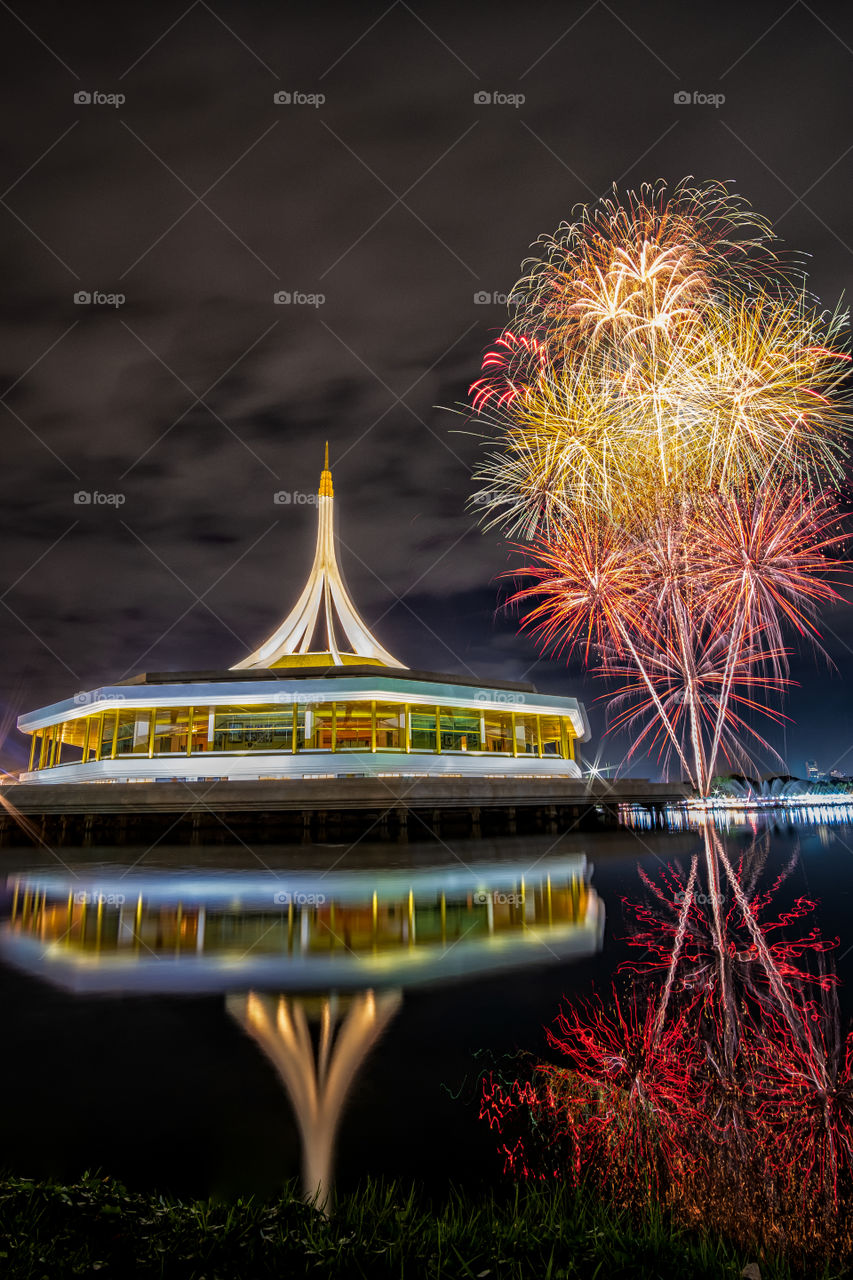 Beautiful fire work of flowers festival at Suan Luang Rama IX park in Bangkok Thailand