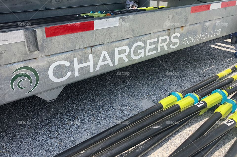 Chargers rowing club trailer and oars at 2018 HS Nationals