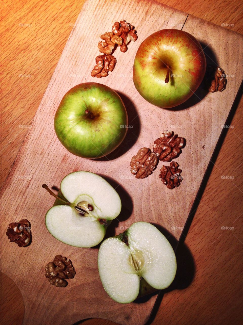 Apples and nuts . Healthy food 