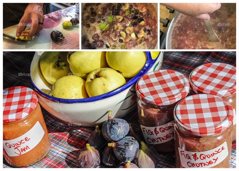 Jam making process, peeling & chopping, boiling, stirring and potted up and labelled, using fresh quince and figs from the garden - montage on white background