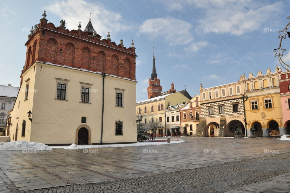 Tarnów Poland townhall cathedral church and main market square in sunny winter day