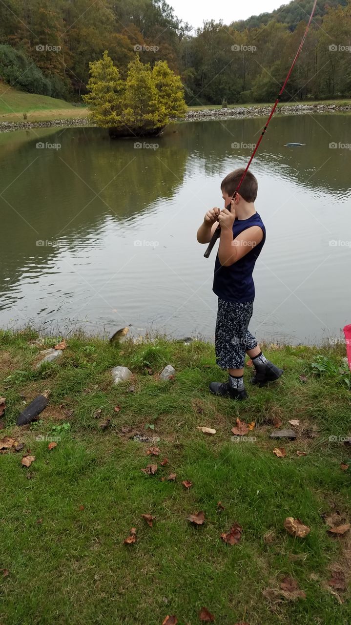 my son catching a fish at a local pond