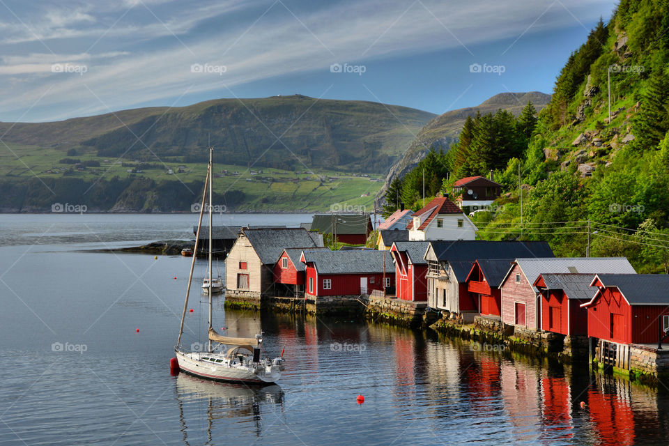 Pretty boathouses on island of Vågsøy