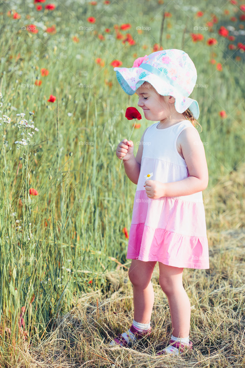 Lovely little girl in the field of wild flowers. Cute girl picking the spring flowers for her mom for Mother's Day in the meadow. Spending time close to nature