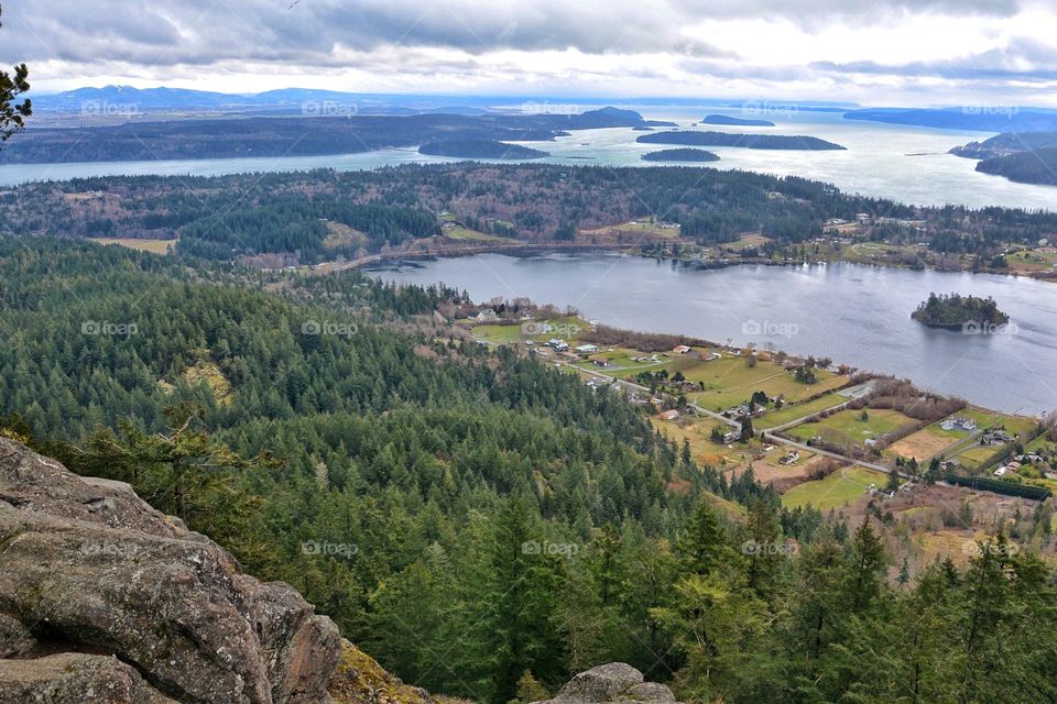 Breathtaking view of Lake Campbell and the San Juan Islands from the top of Mt Erie, Anacortes, Washington. On a clear day, you might be able to see Mt Rainer.