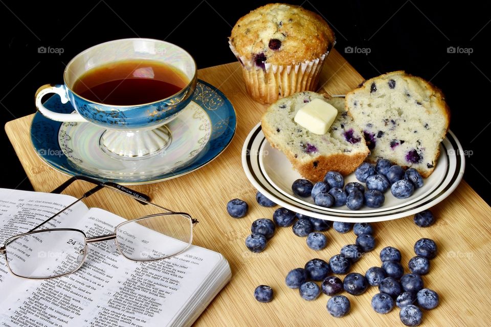 Blueberry muffins and tea to enjoy while reading the Bible