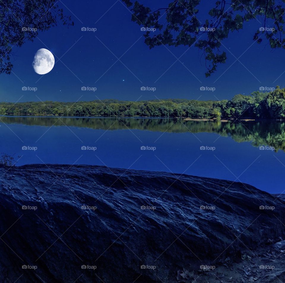 Pristine lake view in the moonlight 