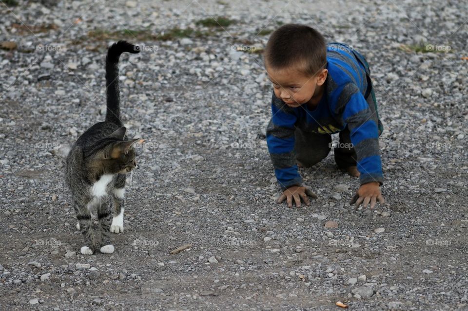 Child playing and pretending to be a cat. 