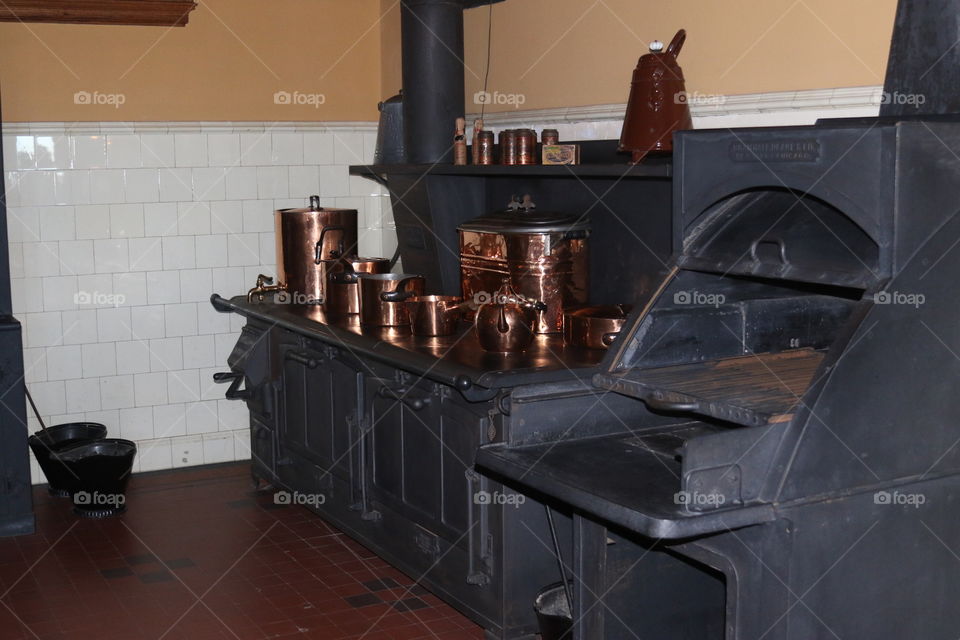 Old kitchen with copper pots